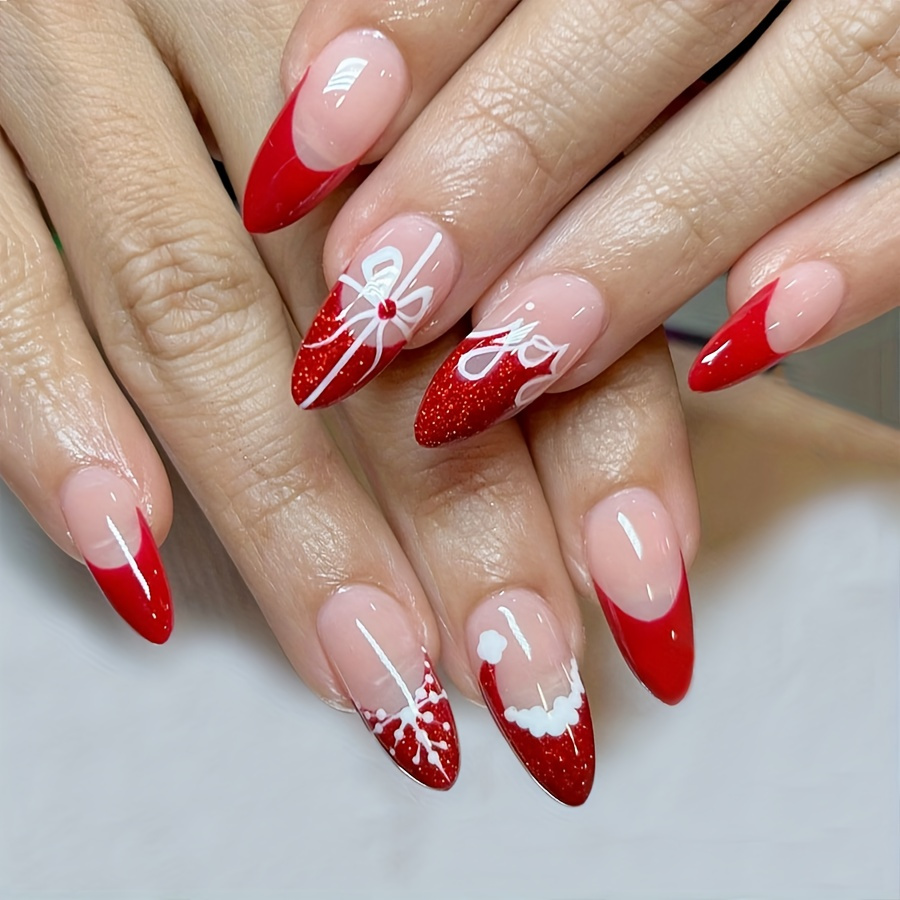 Red Snowflake Glitter French 2024 Tips (Medium)