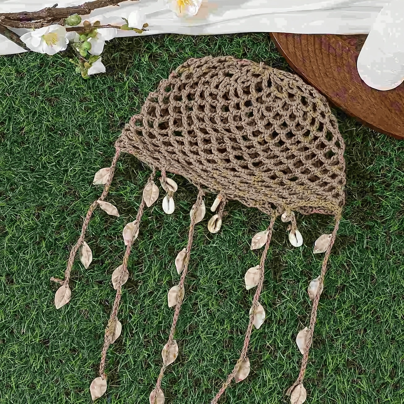 TEMU 1pc Premium Shell Tassel Knit Hat, Bridal Decorative Headpiece Hat Beach Vacation Decor Hollow Hat Fashion Trendy Decorative Head Covering