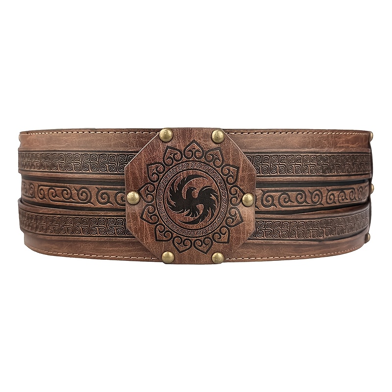 TEMU Medieval Pu Wide Belt, Heavy Belt With Decorative Metal Buckle And Celtic , Vintage Medieval Belt, , Costume Party, Historical Event, Unisex