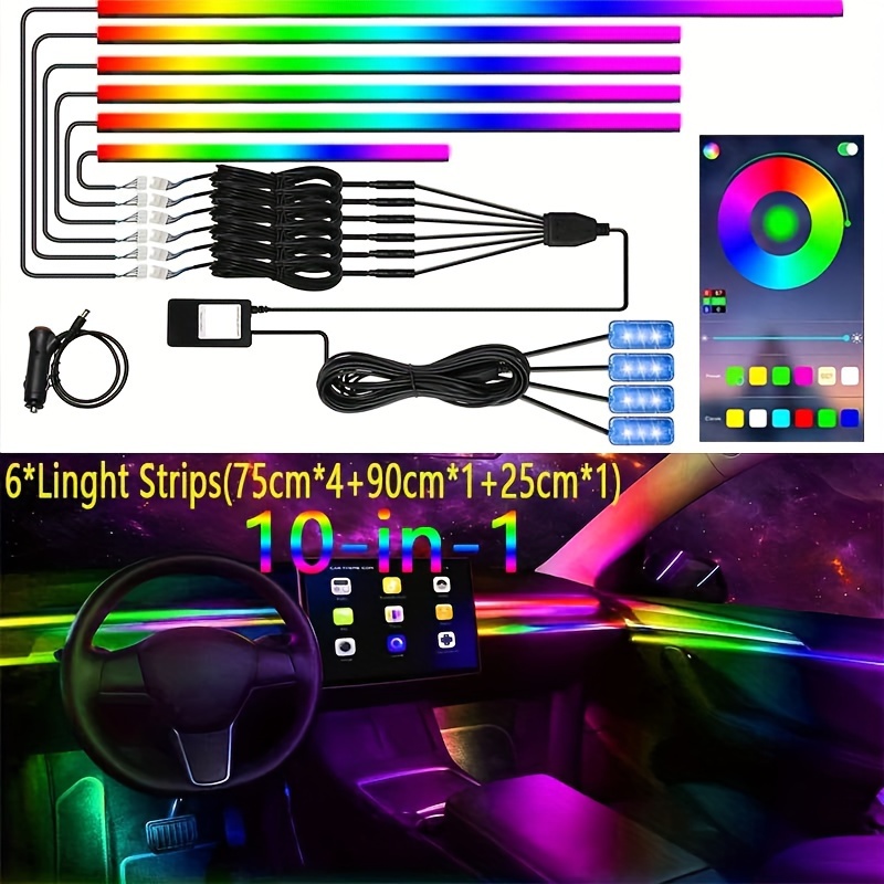 TEMU Acrylic Interior Led Lights With Wireless App, Rgb 10 With 1, 175-inch 593 Led Fiber Optic Ambient Lighting Kit, Sound Active Feature Automotive Neon, Without Battery