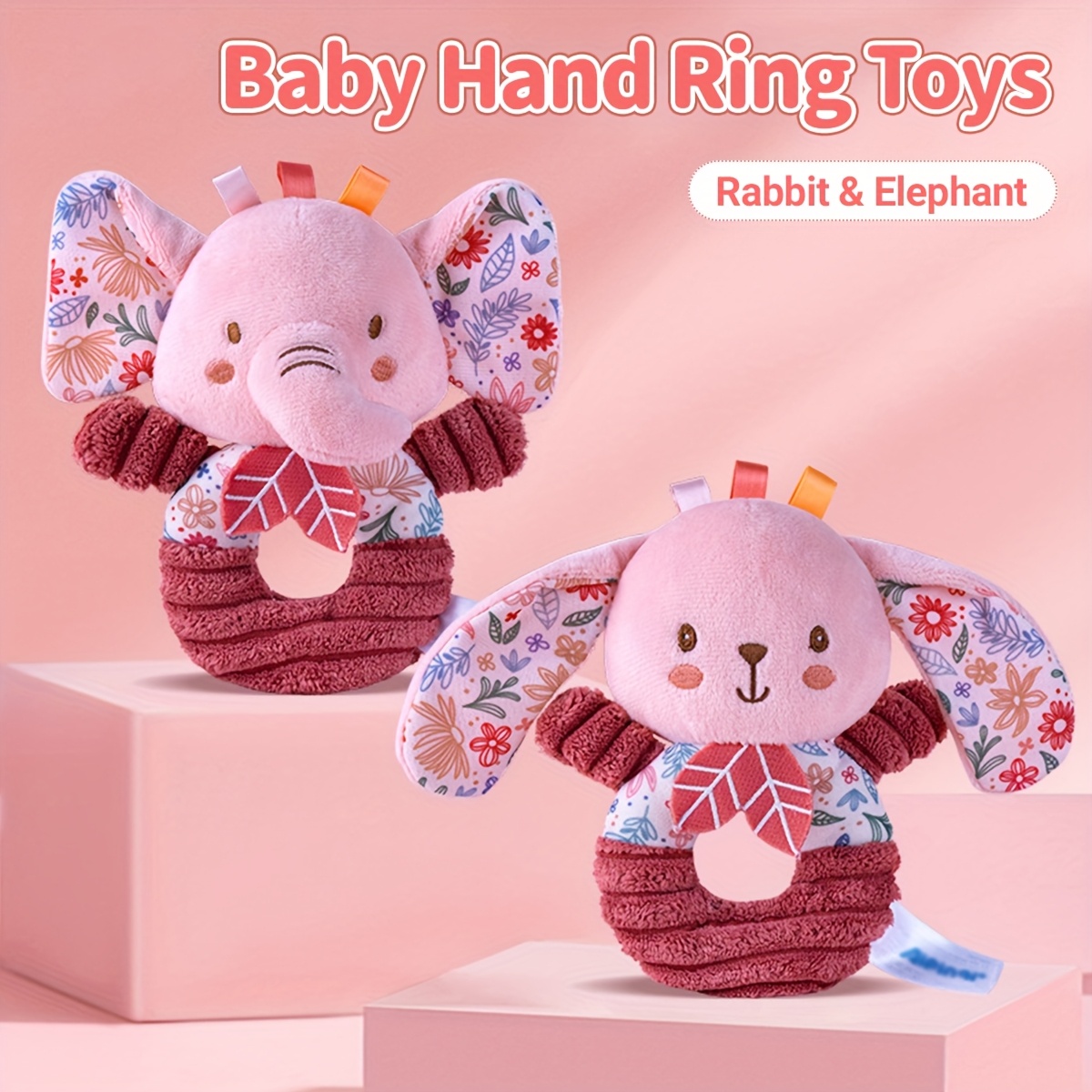 Soft Plush Elephant & Rabbit Rattle Toys Pink Floral Pattern Hand Shakers