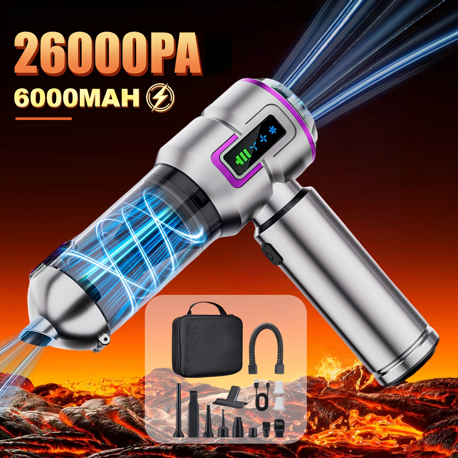 TEMU Aspirateur Balai Fil Haute 26000Pa | Aspirateur de Voiture Portable pour Voiture et Maison, Charge Rapide de 2,5 Heures, Éclairage LED Intégré,