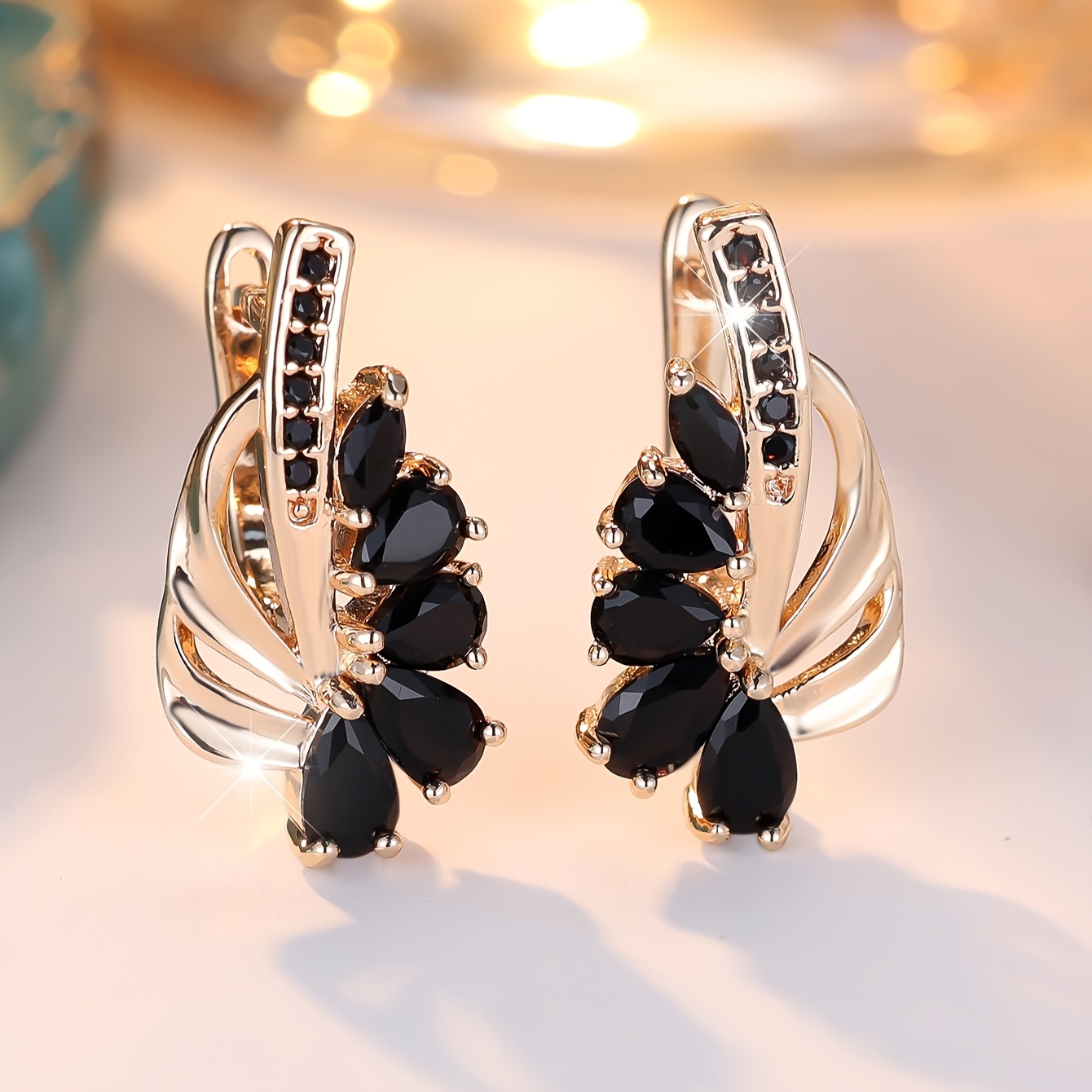 

Vintage Set Black Synthetic Zirconia Golden Plated Women' Earrings, Suitable For Holiday Wear, Suitable For All