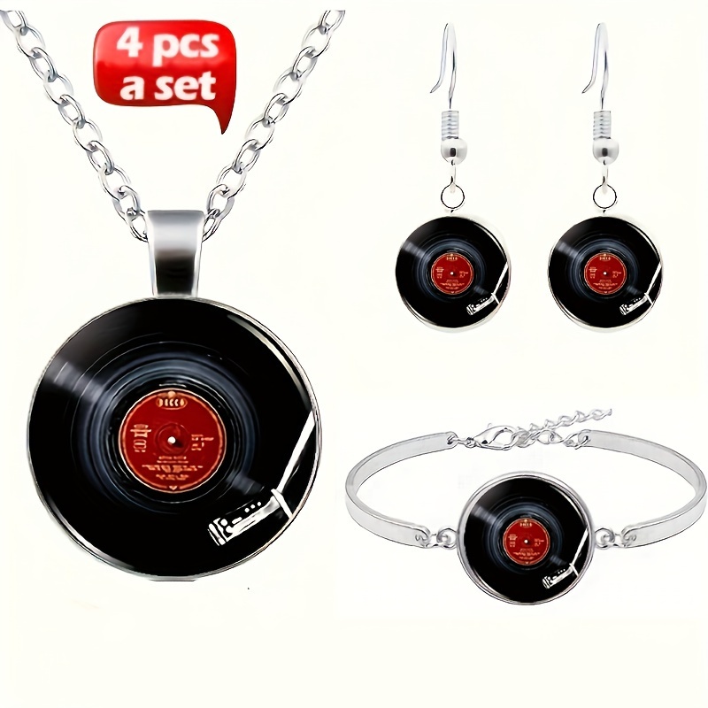 

4pcs Set Fashion Charms Set Vinyl Record Picture Cabochon Glass Alloy Necklace & Stud Earrings & Bracelet Bangle Set ( 4pcs) Jewelry Set For Women's Fashion Daily Outfits Party Accessories