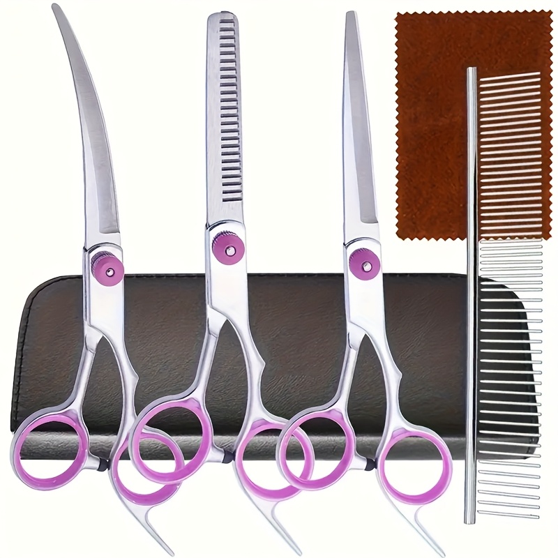 E-shop 1 Set Professionelles 6-in-1 Rechtshändige Hundefriseurschere Set mit gebogenen Scheren, Edelstahlkamm, Tierhaarschneidewerkzeug für Hunde und
