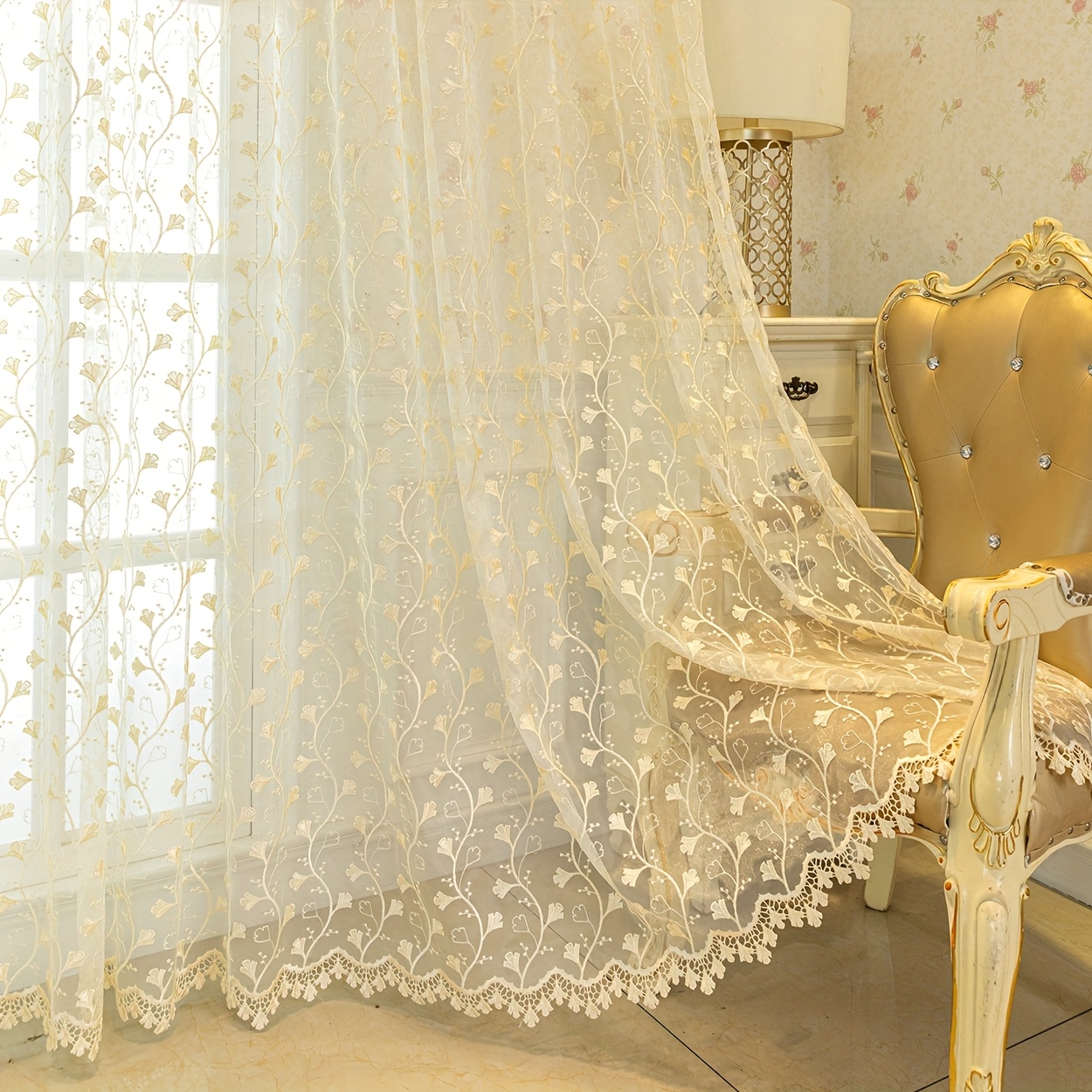 TEMU 2pcs Embroidered Craft Leaf Pattern Transparent Curtain, Hanging, Reference Living Room, Bedroom, Dining Room, Study Room, Office, Room,