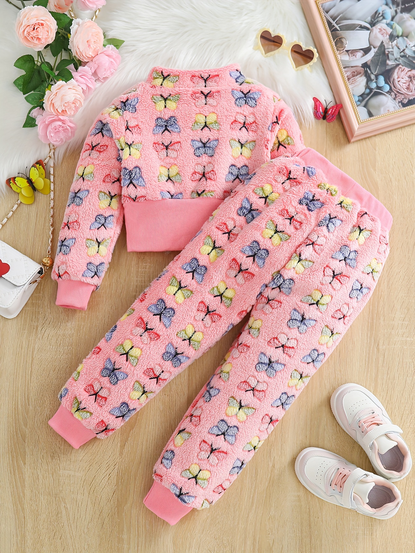 Cozy Cute Girls' Winter Fleece Outfit: Thick Double-Sided Flannel Print  Zip-Up Jacket Pink Pants Set High Neck, Long Sleeves, Polyester