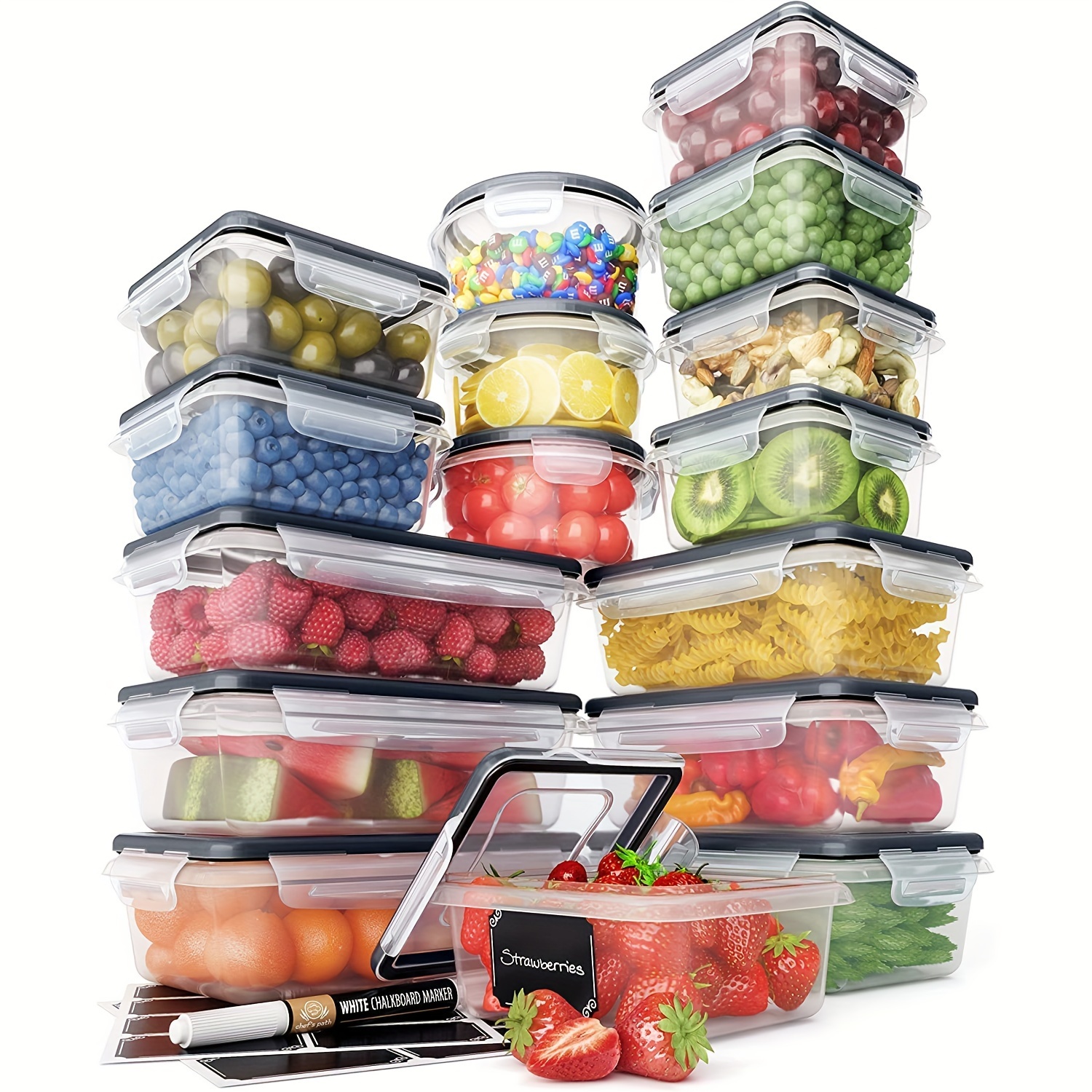 

32 Piece Food Storage Containers Set With (16 + 16 Containers) - Airtight Plastic Containers For Pantry & Kitchen Organization - Bpa-free With Free Labels & Marker