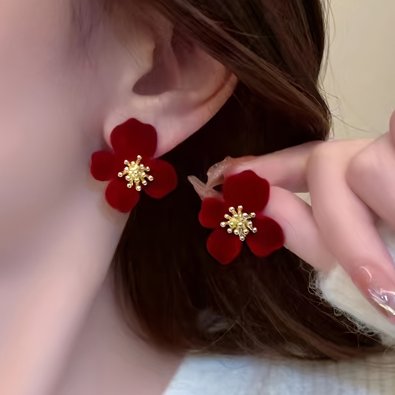 Women's Earrings In Of Dark Red Velvet Flowers, Designed As Ear Studs