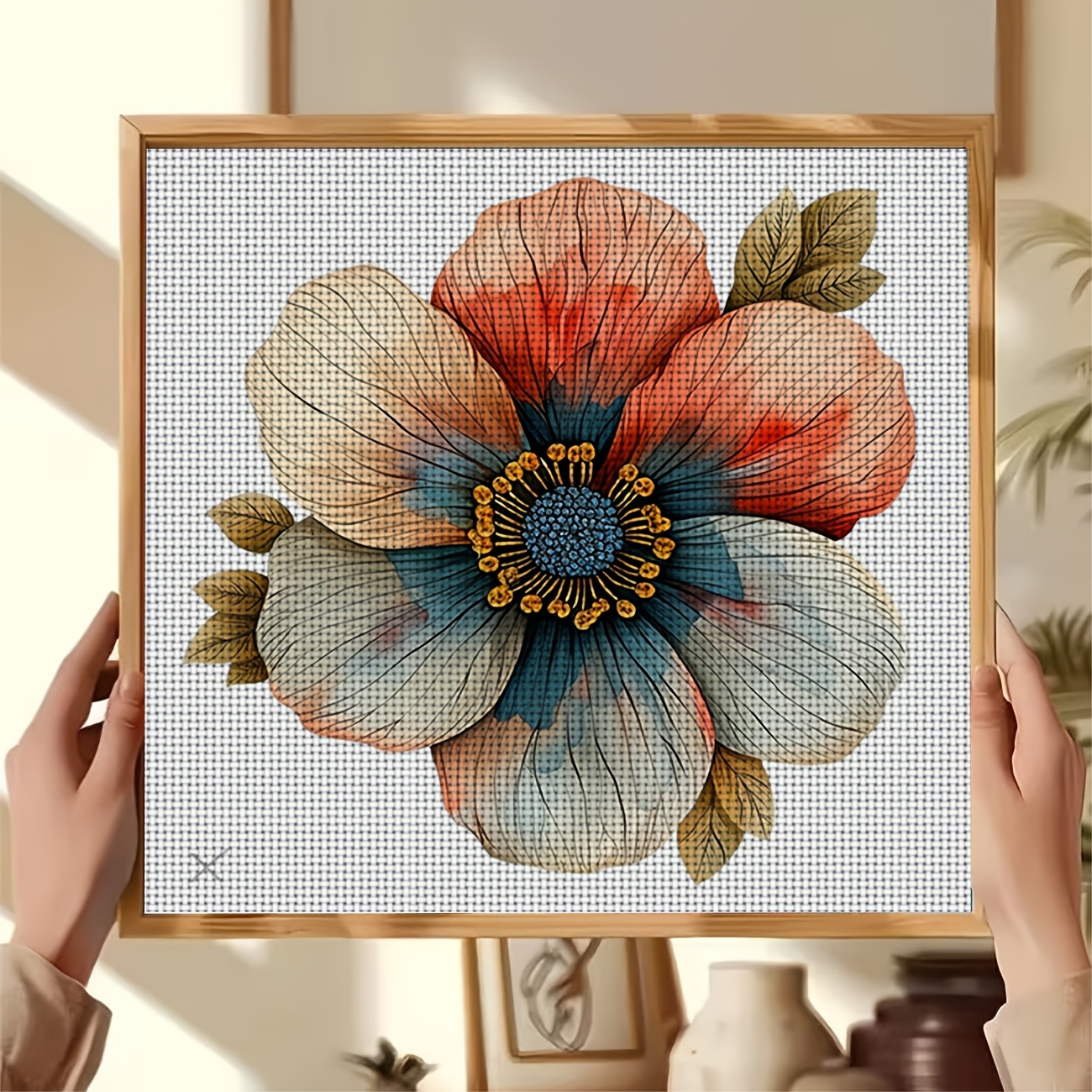 Cross-Stitch Printed Kit, Watercolor Red Blue White Flowers Pattern