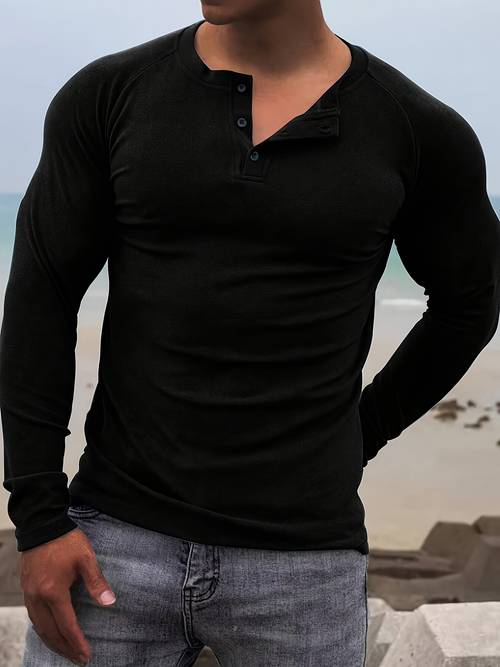 mens casual button front henley t shirt soft medium stretch solid color long sleeve shirt with stand collar for fall winter layering for camping daily wear machine washable button design versatile outdoor