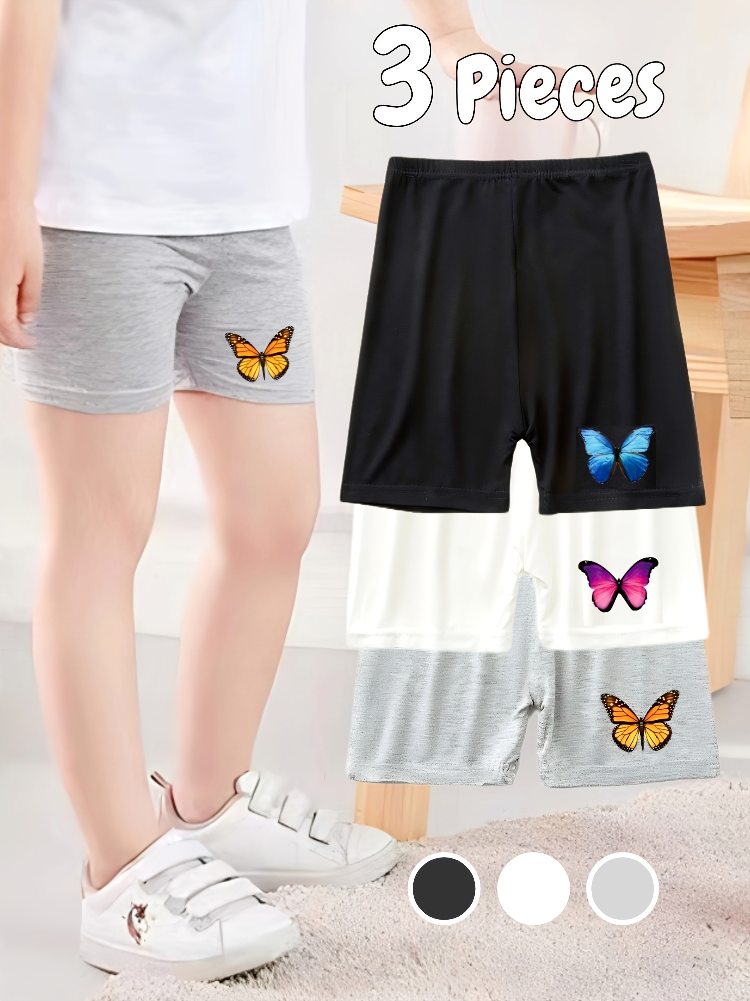 Girls 3PCS SET Butterfly Graphic Print Casual & Loose Short Leggings For Summer