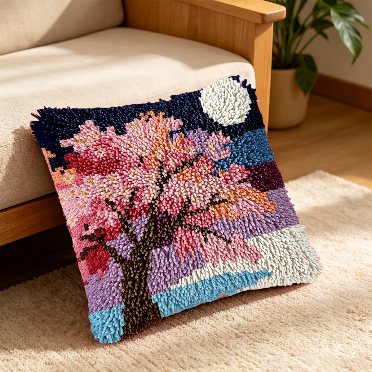 Latch Hook Kit with Pink Trees in the Moonlight, DIY Craft Set