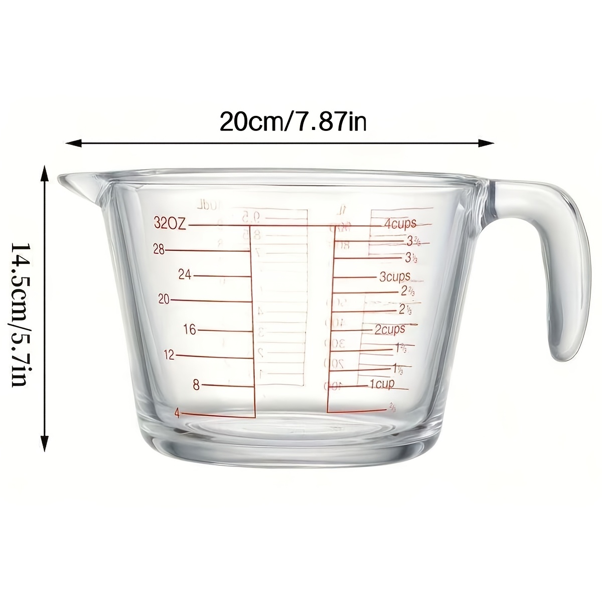 E-shop 1 Stück Glas-Messbecher 1000ml/33,81oz Lebensmittelecht mit Skalenmarkierungen & Ofen/Mikrowelle - Langlebiges Ofenglas zum Backen, Kochen, für