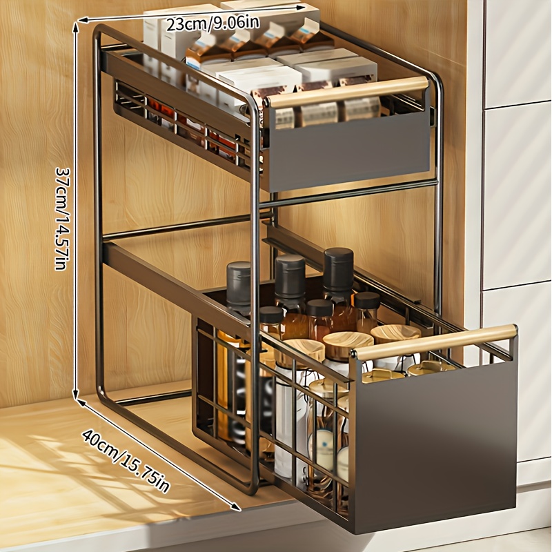 Pull-out Metal Cabinet Organizer, Space- Kitchen Storage Rack, Portable And Durable Mesh Rack With Handle, Suitable For Kitchen, Bathroom, Bedroom, Office, Black, Utility Racks