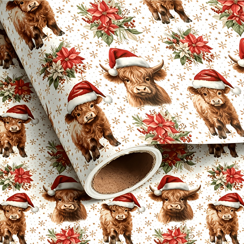 TEMU Rouleau de de Noël 17x118 pouces, Vache Highland mignonne avec bonnet de Père Noël et imprimé floral de poinsettia, Papier d'emballage décoratif