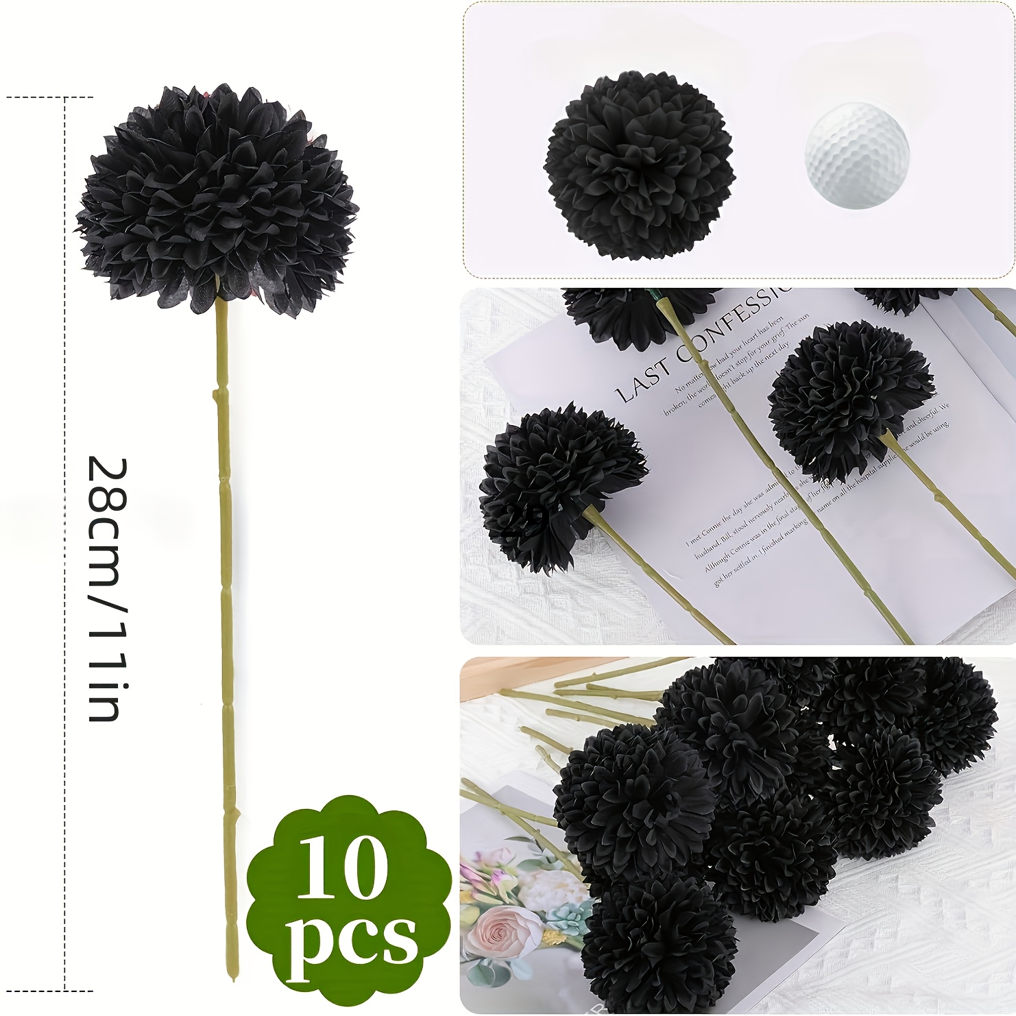 Image of 10pcs Artificial Dandelion Fake Bouquet Hydrangea Black Flowers Family Halloween Party Festival Decoration Suitable For Wedding Decoration, Halloween Decoration, Home Decoration, Etc