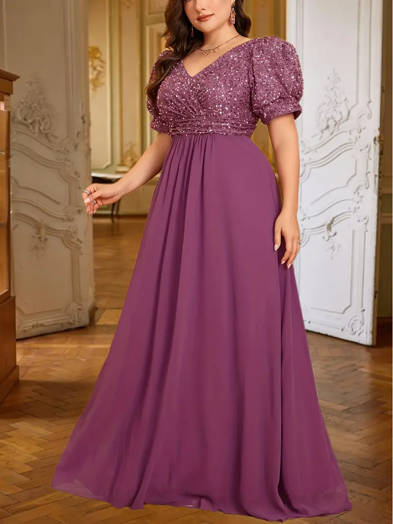 elegant plus size deep v neck sequin spliced evening gown - Temu elegant plus size deep v neck sequin spliced evening gown - Temu