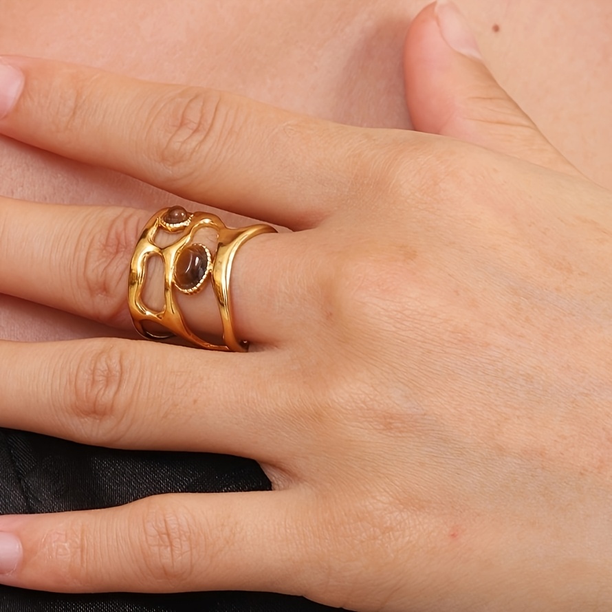 Vintage Stainless Steel Ring with Brown Stone Inlay