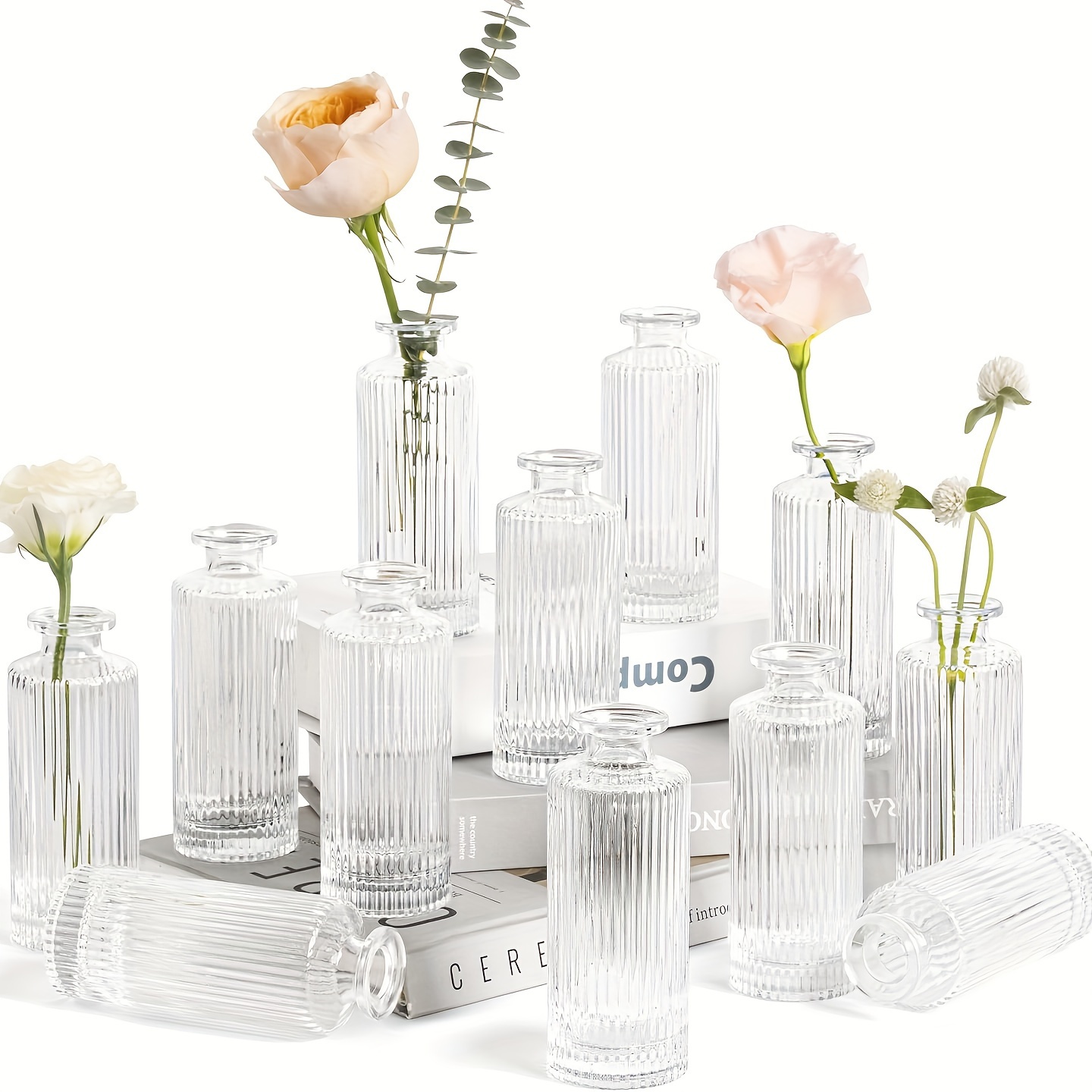 

Vintage Striped Glass Bud Vases, Set Of 12 Small Decorative Cylinder Flower Vases, Mini Tabletop Vase For Office, Wedding Reception, Home Decor - Floral Theme