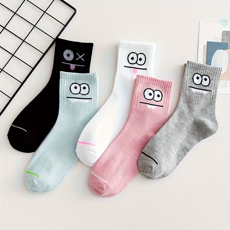 

5 Pairs Cartoon Eye Print Socks, Funny & Comfy Mid Tube Socks, Women's Stockings & Hosiery