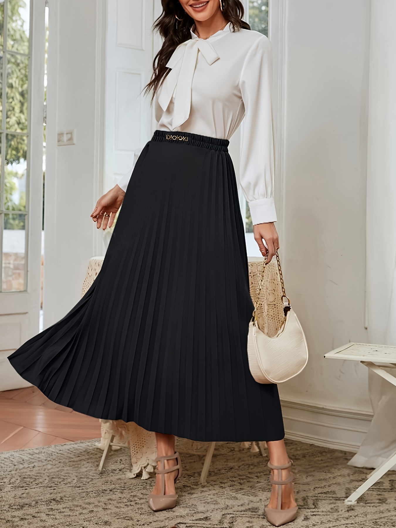 elegant black pleated midi skirt women versatile a line high