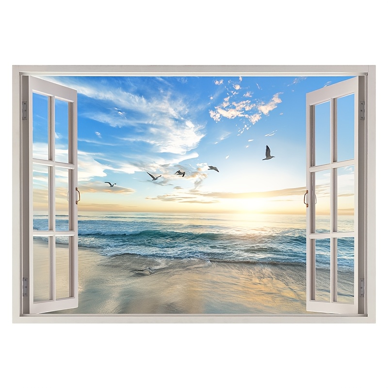 2pcs Set Window Beach Scene Wall Stickers - & Stick, Removable Pvc Decals For Living Room & Bedroom, Design With Sunset And , Beach Theme Decor