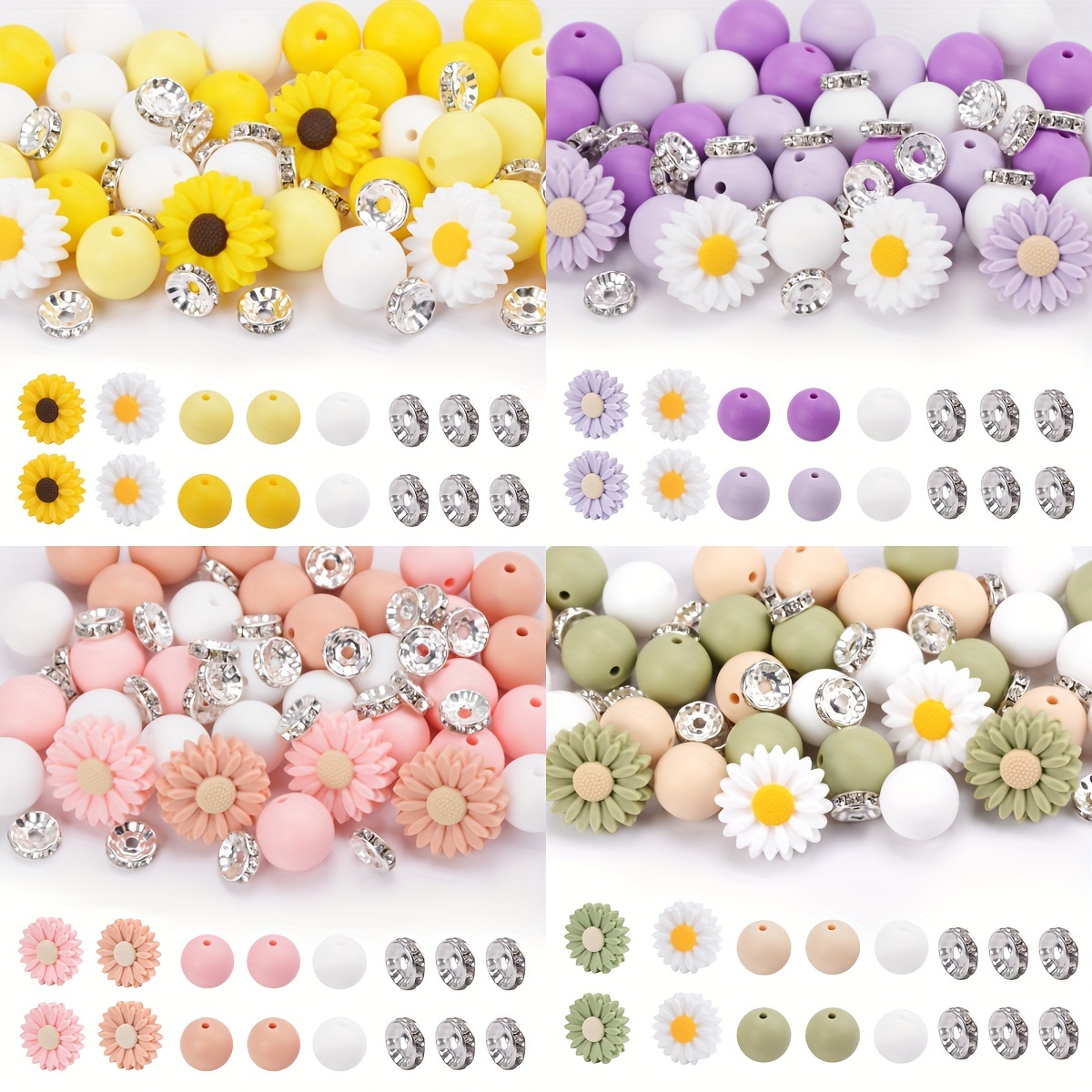 

52pcs Silicone Daisy & Sunflower Bead Set With Rhinestones, 12mm Round Spacer Beads In Assorted Colors For Making - Keychains, Bracelets, Necklaces, Craft Pens & Home Decor Accessories