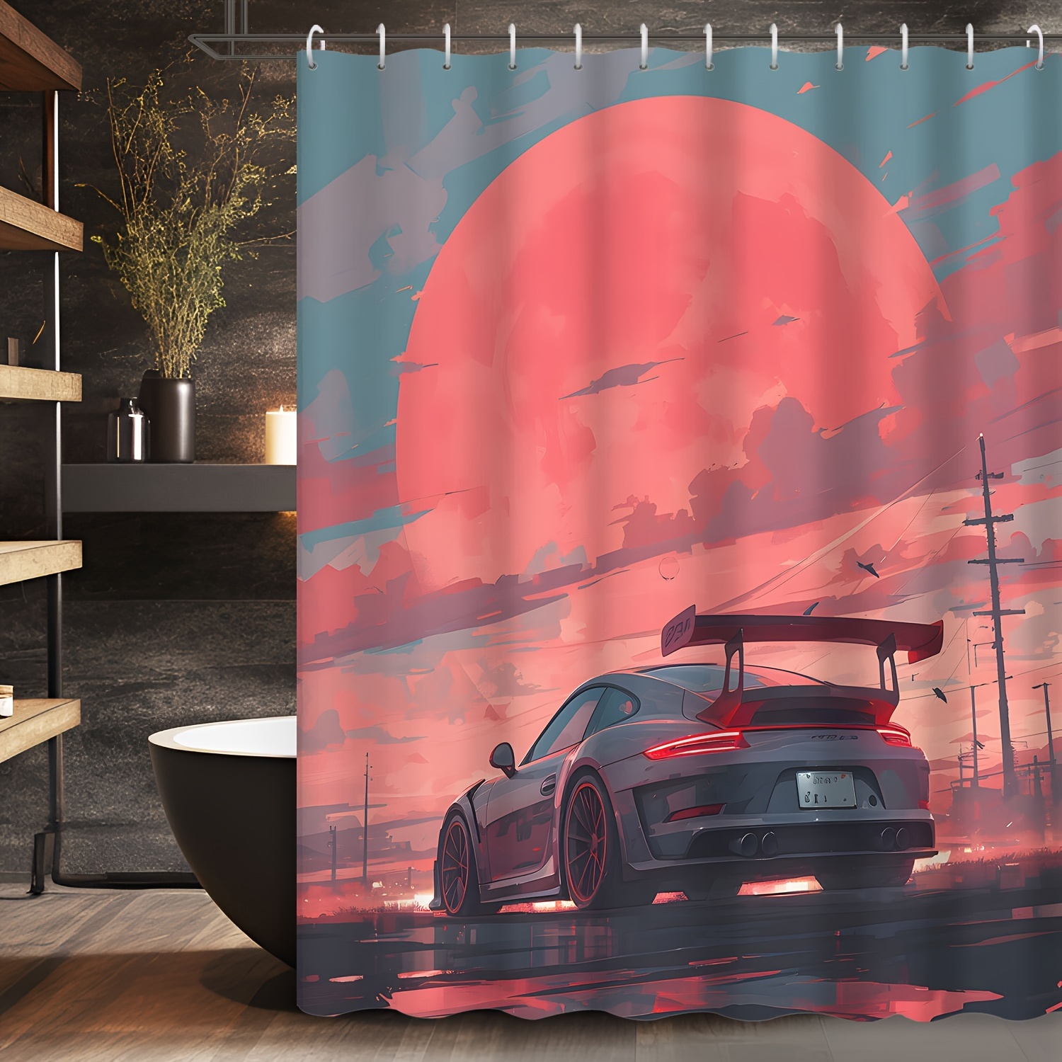 

Sports Car Sunset Print Waterproof Shower Curtain With Hooks, Water-resistant Polyester Fabric Bathroom Decor, Grommet Top, Machine Washable, Vehicle-themed Unlined Bath Curtain, 72x72 Inches