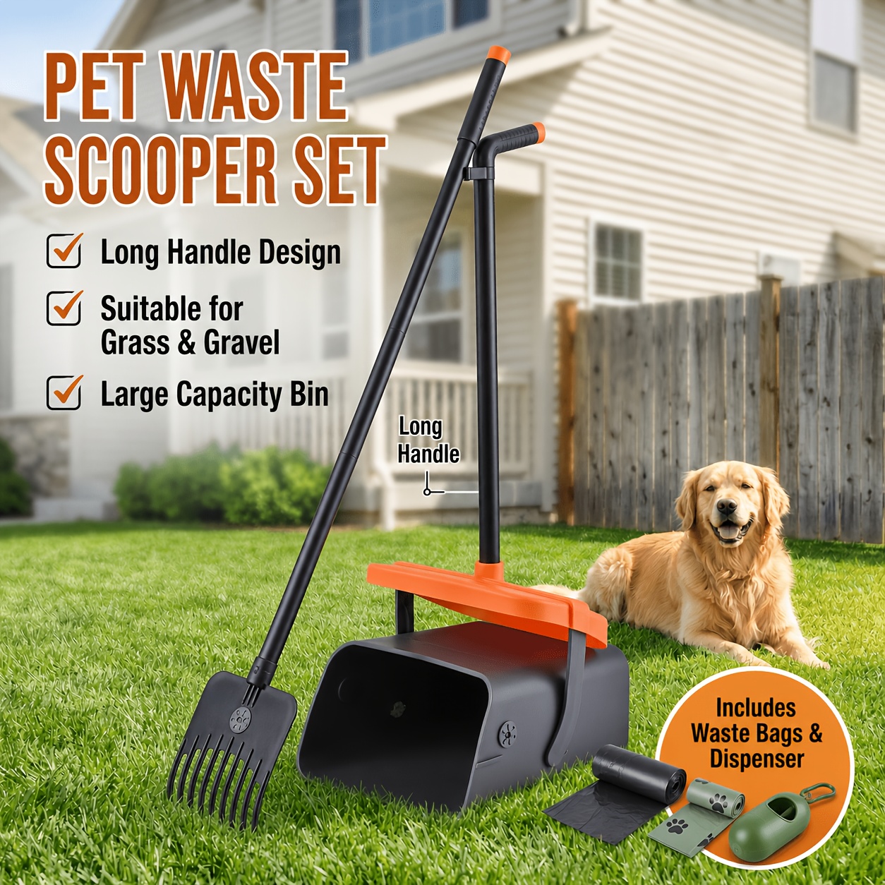TEMU Dog Waste Scooper Set, Long Handle Pet Tool With Rotating Bin, Rake, Waste Bags And Dispenser, Large Capacity Outdoor Pickup For Grass, Gravel,