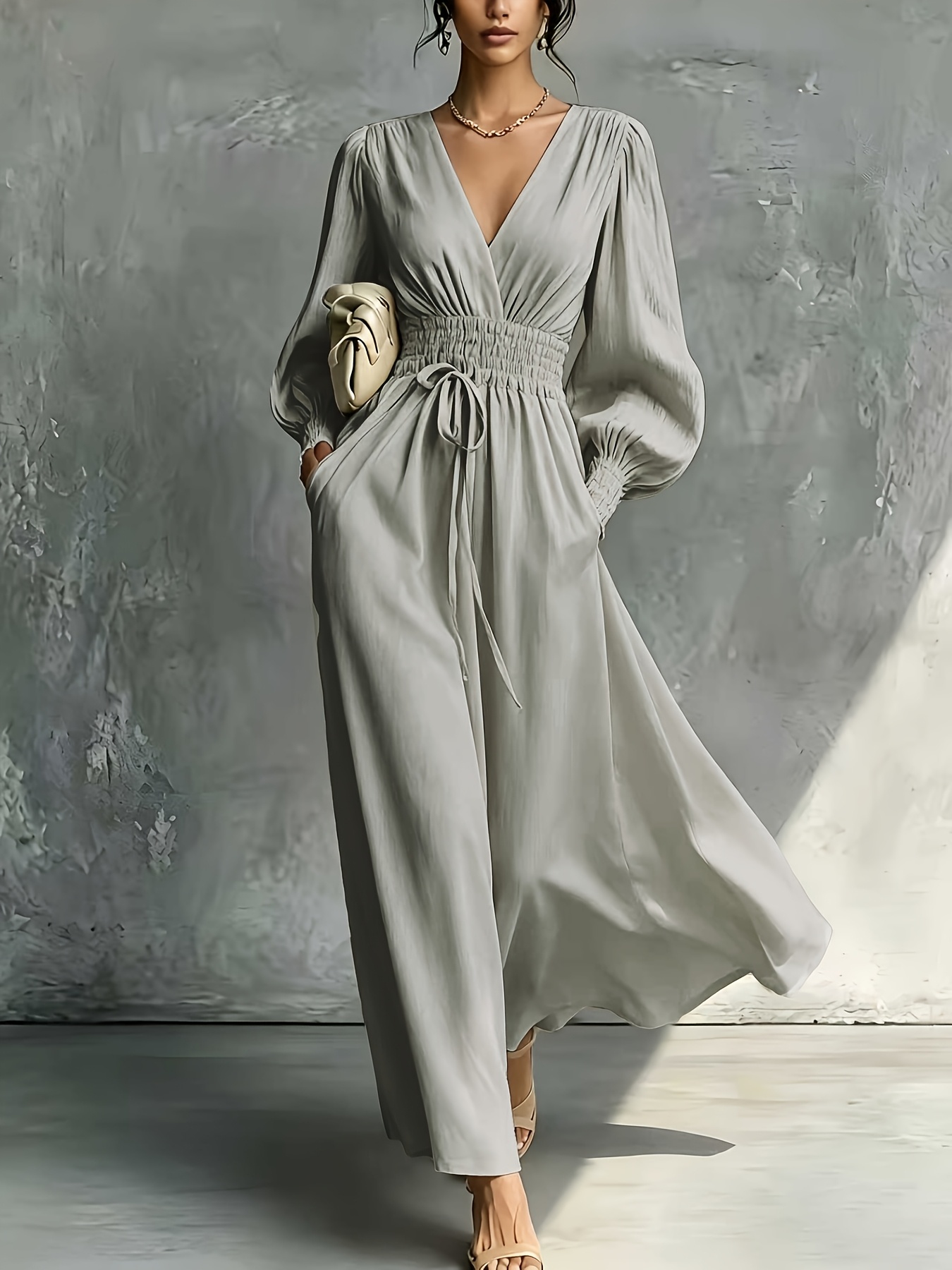 ladies maxi dresses canada V-Neck Retro Lantern Long-Sleeved Design Covers The * And Looks Thin, with  Pockets on * Fashionable And Casual Long Dress