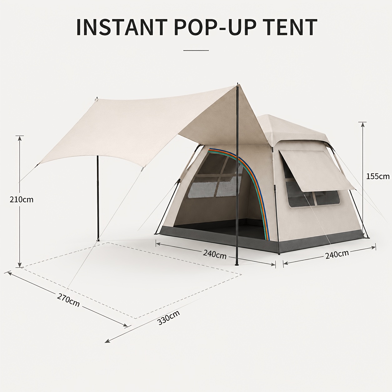Image of 3-second Quick-install Camping Tent, With Detachable Independent Awning, Oxford Cloth Family Tent, Spacious Interior, With Ventilation Windows And Storage Bag, Suitable For Hiking And Beach Trips