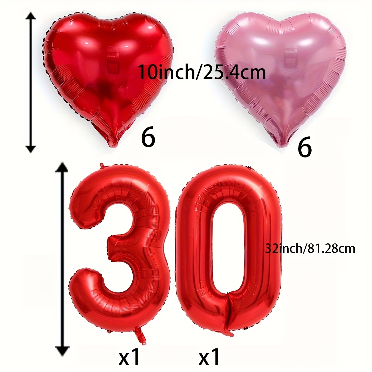 Image of Red Number 30 Balloon, 32-inch Number 30 Balloon, 10-inch Red And Pink Heart Foil Mylar Balloons For Celebrating 30th Birthdays, Anniversaries, Christmas, New Year, And Wedding Party Decorations