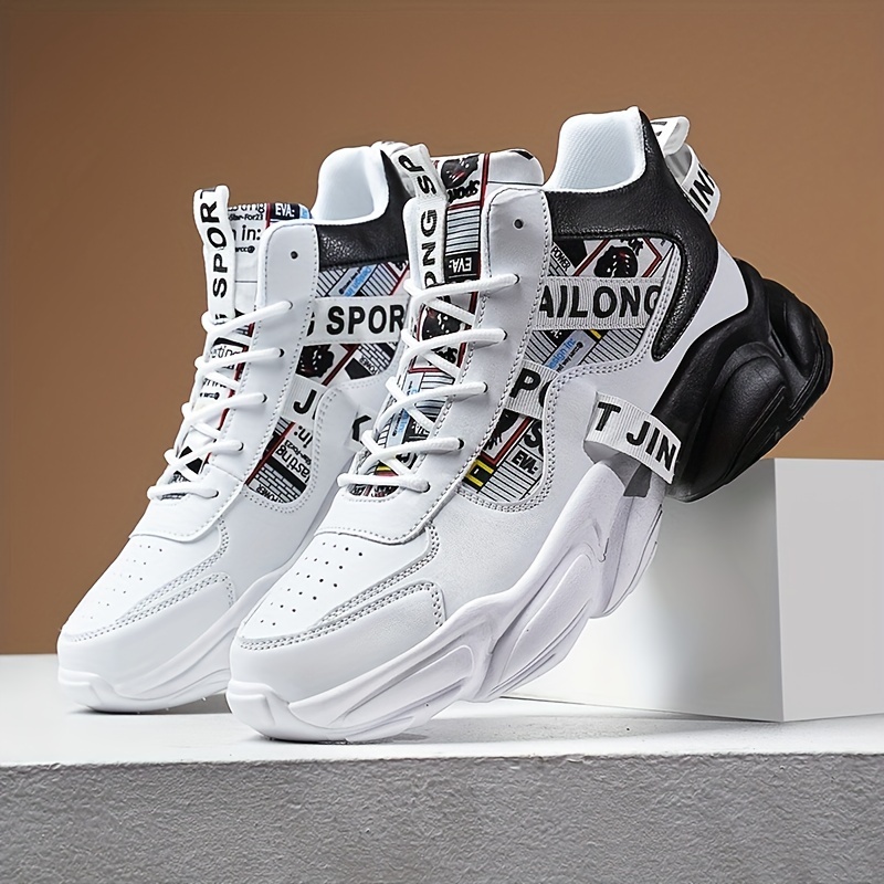 Zapatillas casuales de caña alta para hombre con patrón aleatorio, ajuste universal, cierre de cordones, uso para todas las estaciones, punta redonda, suela de PVC, plantilla de tela y parte superior de imitación.