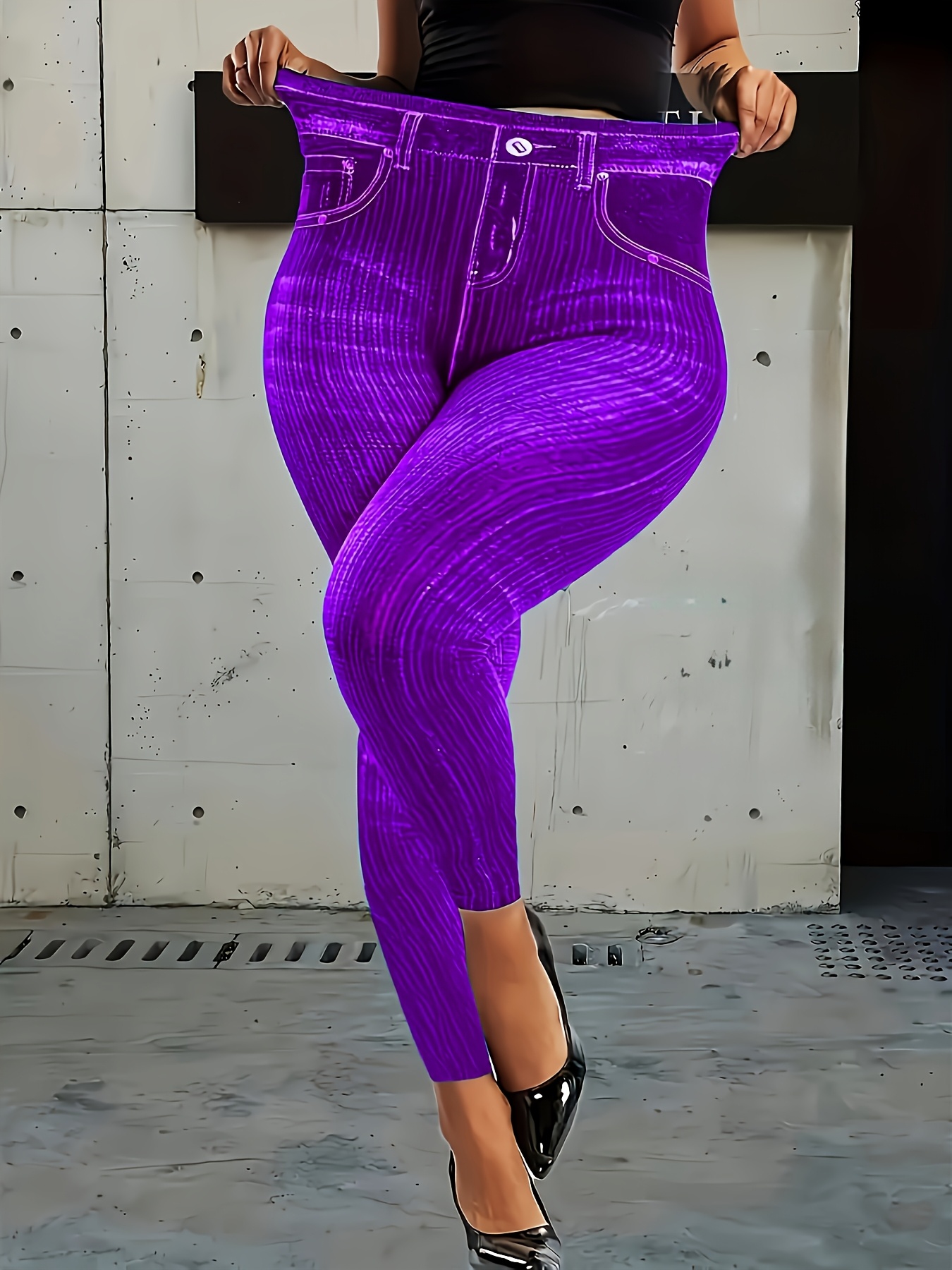 Women'S Plus Size Geometric-Pattern Skinny Pants, High Stretch Knit Fabric, Asymmetrical Detail, Polyester 95% Elastane 5%, All-Season Casual Base Layer Trousers, 180g/m?