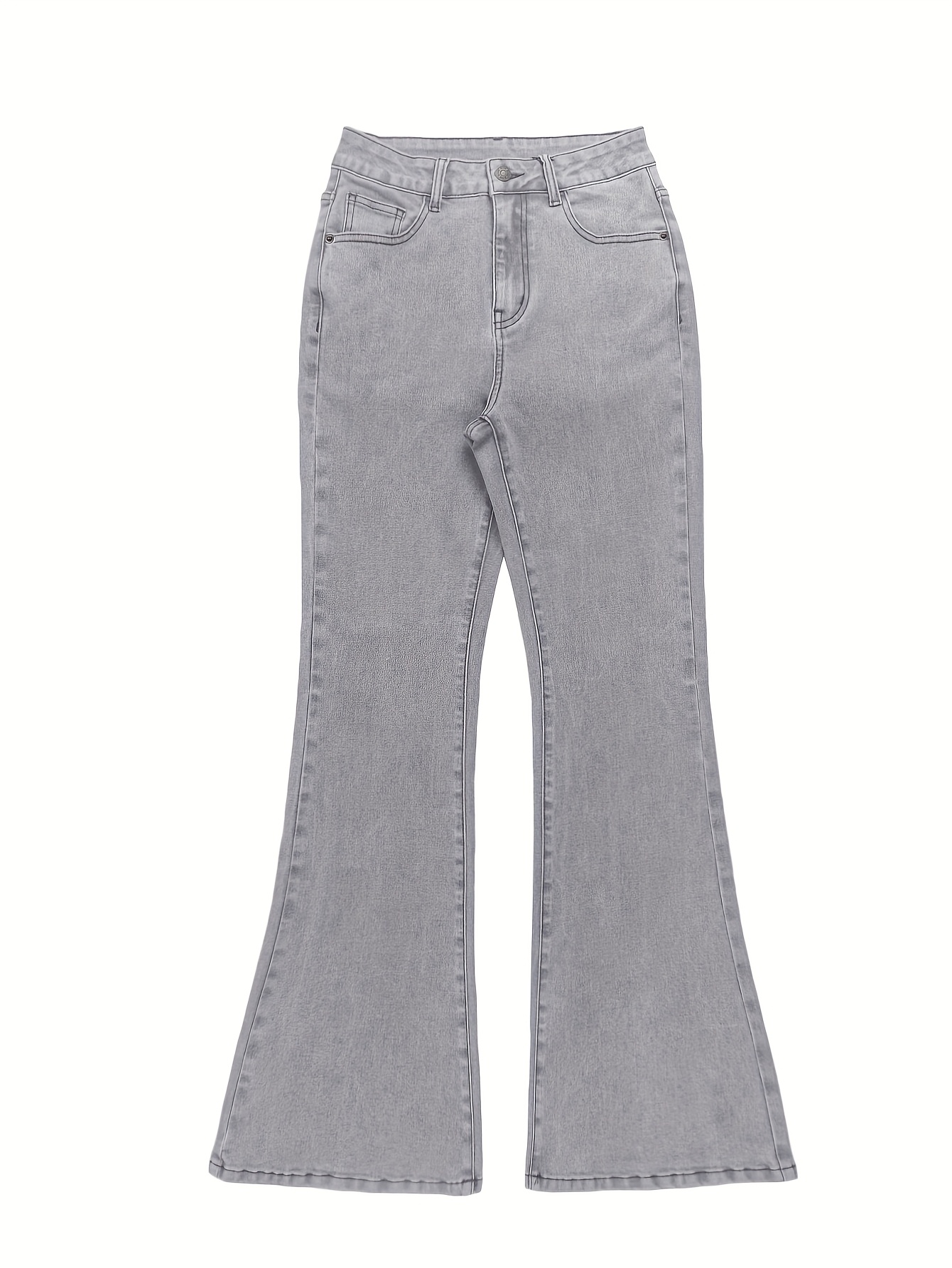 GILIPUR MH1025 Light Blue Retro High-Waist Stretch Straight Leg Women's Pants, Street Style Solid Color Long Pants with Pockets, All-Season Comfortable Stretch Fabric, Machine Washable