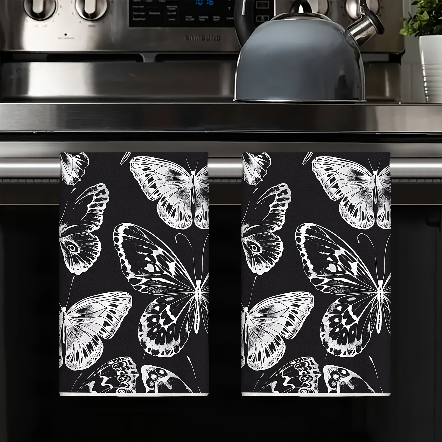 TEMU Contemporary Butterfly-themed Dish Towels Set Of 2, Knit Fabric, Machine Washable, Space-themed Kitchen Cleaning Pads, Polyester Dish Cloths For Home Decor