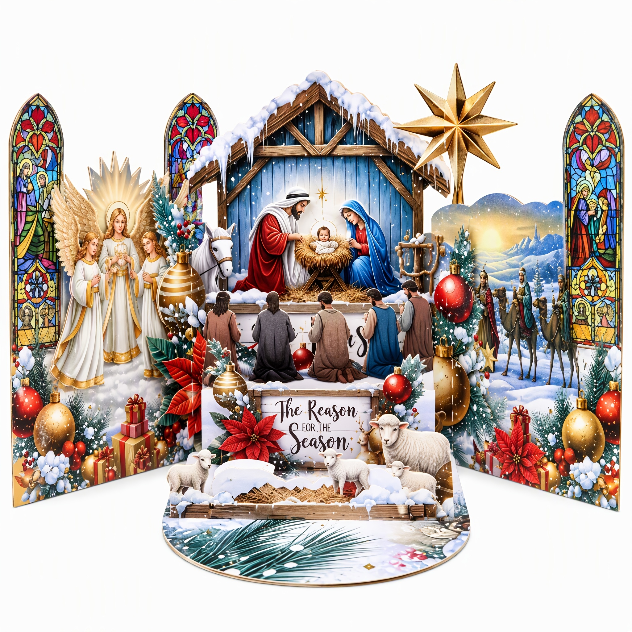 TEMU 3d Jesus Pop-up Greeting Card, Featuring Jesus, Mary, Shepherds, And Devout - Lamb - Elegant Religious Christmas Decoration - Sturdy Cardboard