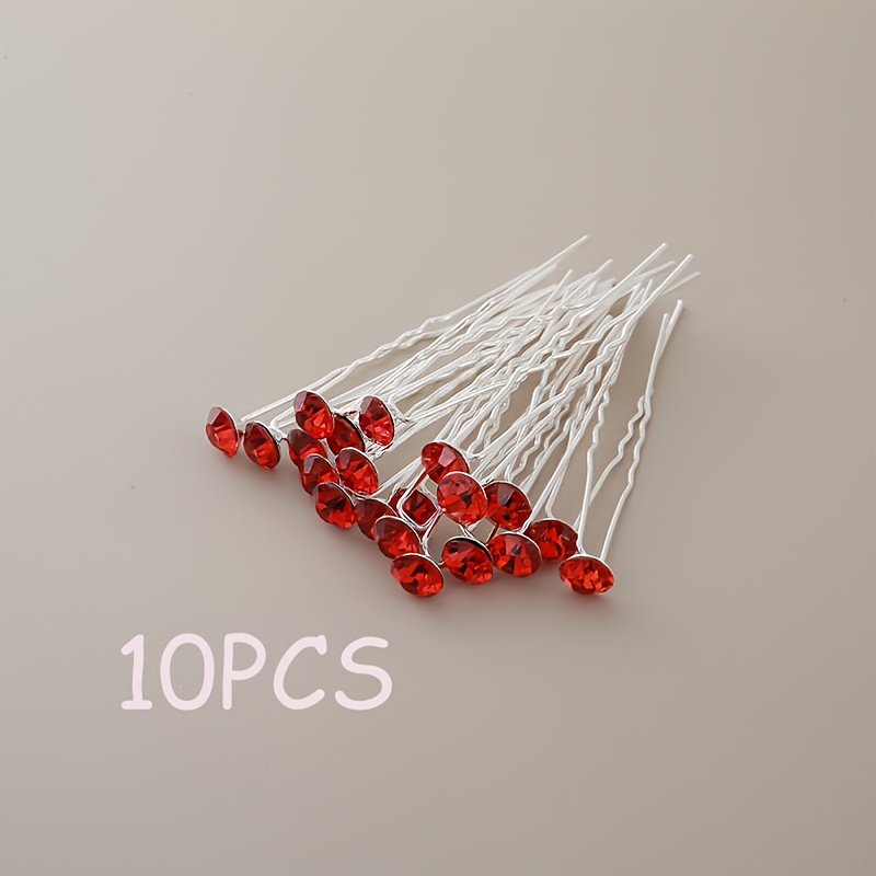 TEMU 10pcs Set, Romantic And Simple Red -inlaid Women's Bridal Headpiece, Fork-style Jewelry Hairpin, U-shaped Hairpin, Wedding Jewelry Hair Clip