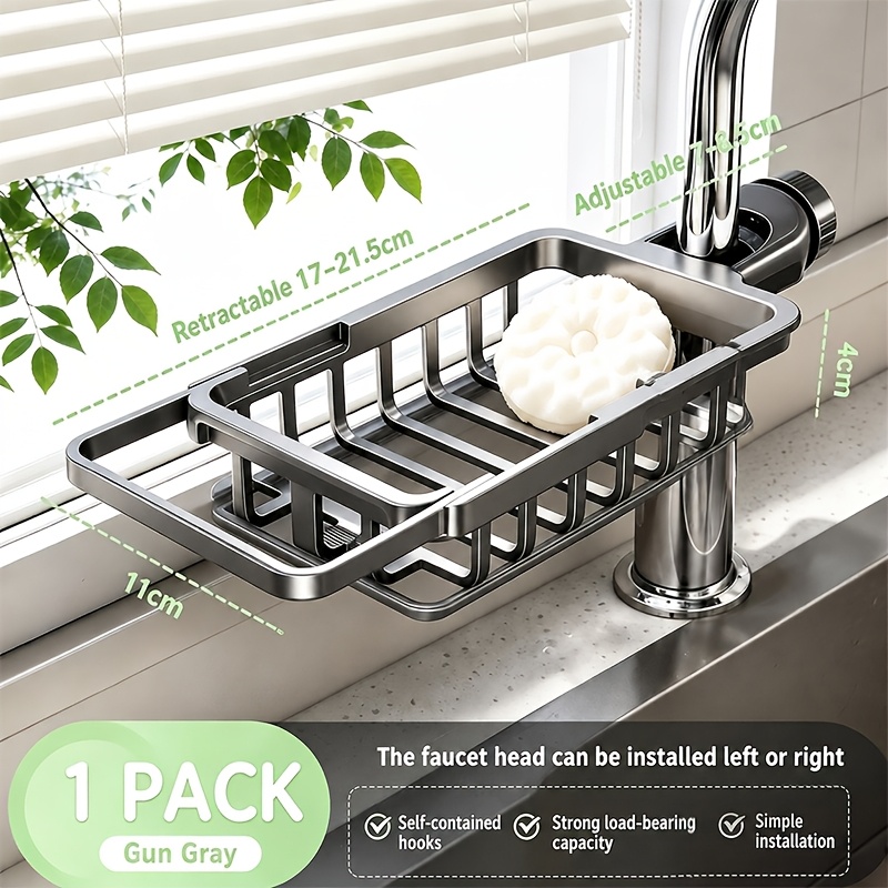 TEMU Grooved Faucet Sink Organizer 3-in-1 Freestanding Rack With Drain Tray, Squeegee Board, Towel & Sponge Holder, Fits Most Faucets For Kitchen