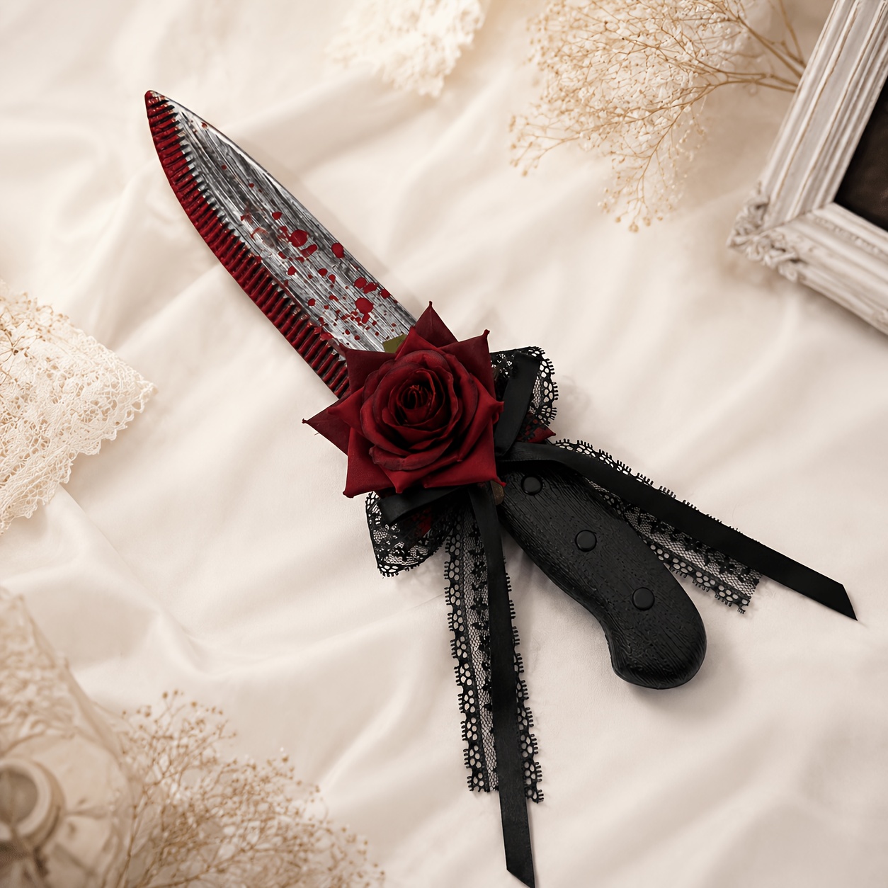 Image of A Gothic-style Bloodstain Plastic Knife Prop, Red Rose Black Lace Bow Hair Accessory, Dark Style, Women's Halloween Horror Dark-themed Costume Prop