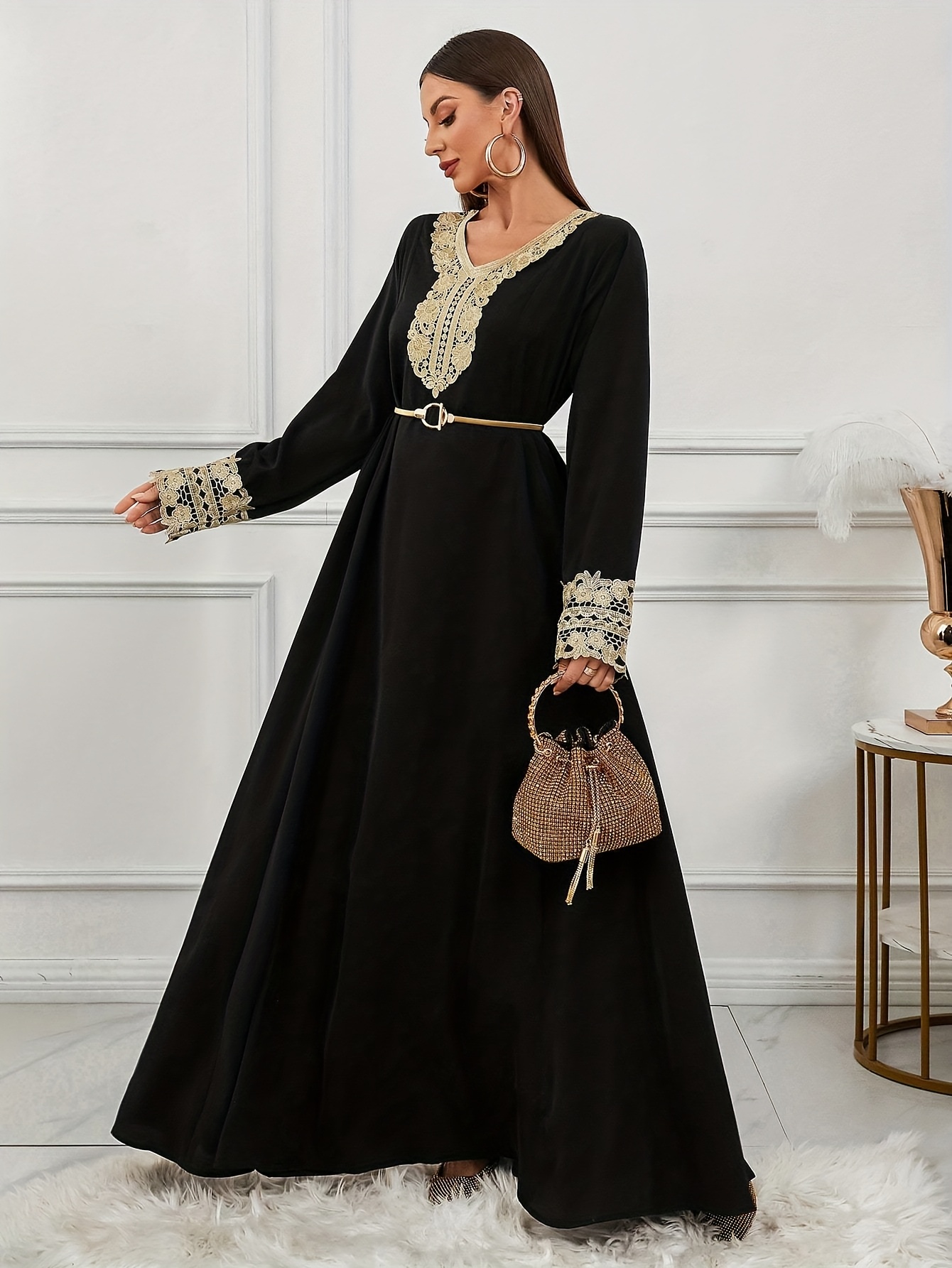 elegant arabic dress golden applique featuring a v - Temu