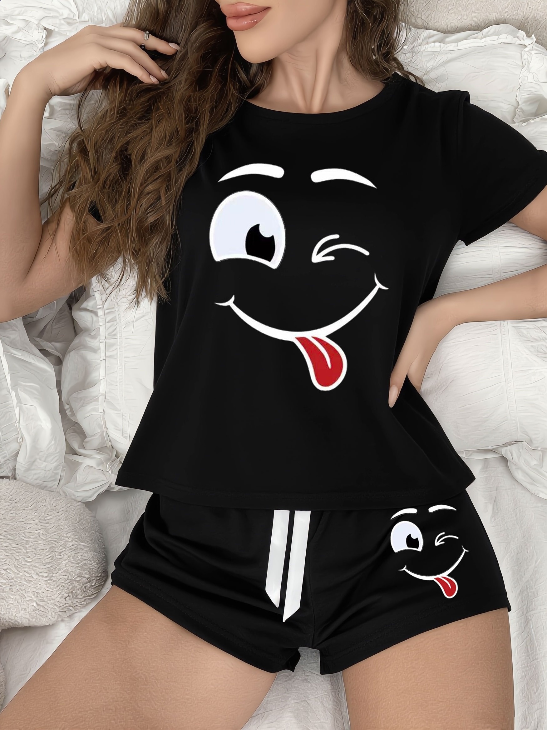 womens short sleeve and shorts loungewear set cute cartoon   print short sleeve top shorts breathable and comfortable dark gray black light gray bow detail suitable for   casual wear   cartoon design