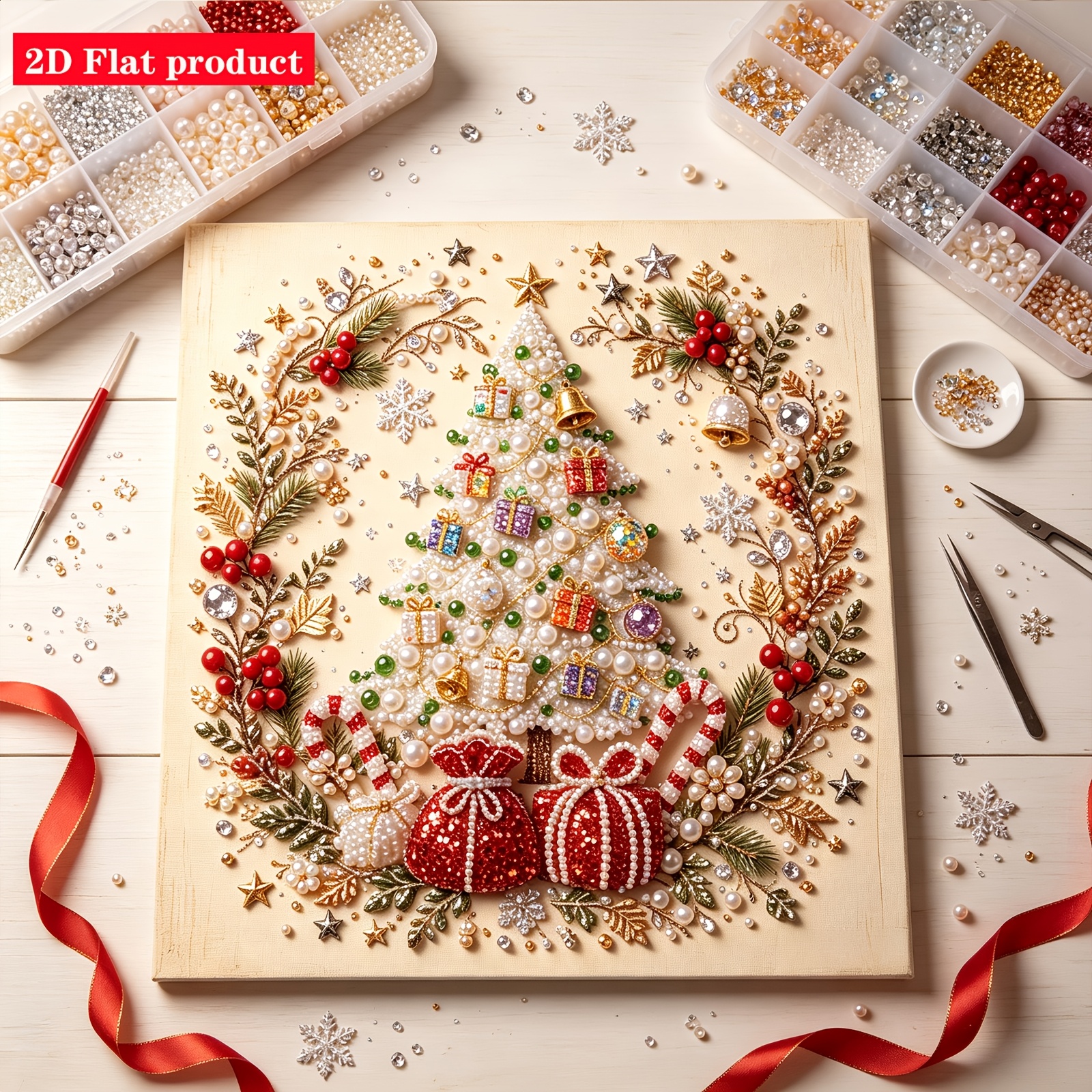TEMU 2d Flat Light Luxury Pearl Christmas Tree Diamond Painting, Candy Cane Gift Bag Christmas Diy Diamond Painting Kit, Mosaic Craft Gift, Suitable