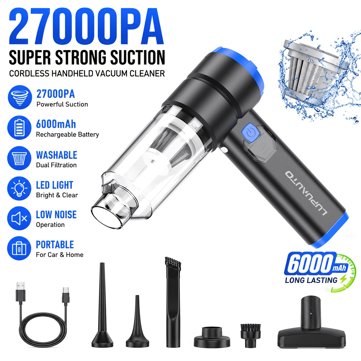 TEMU 27000pa Cordless Handheld Vacuum Cleaner With Super Strong Cleaning Power And Suction, With Led Light, 6000mah Rechargeable With Washable Dual