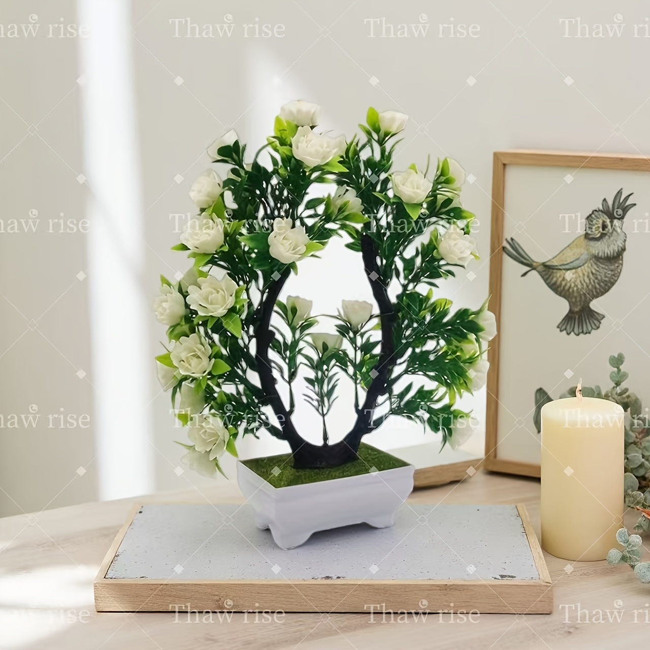 1 kunstbloem met pot - Witte en groene bladeren