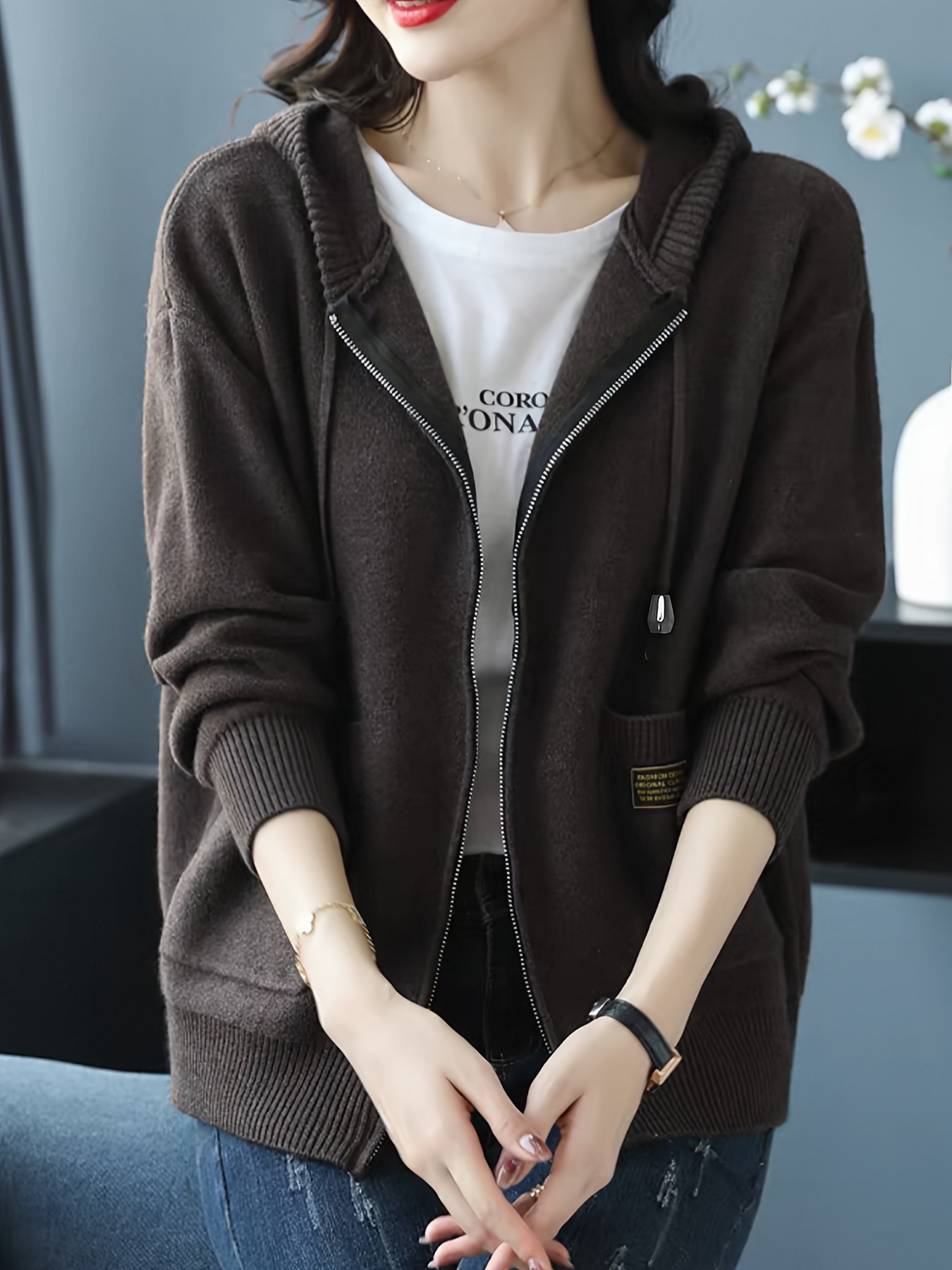 spring 2026 womens elegant hooded cardigan warm outerwear with adjustable hood and fitted neckline     layering casual to formal versatile coat no chest pocket belt free