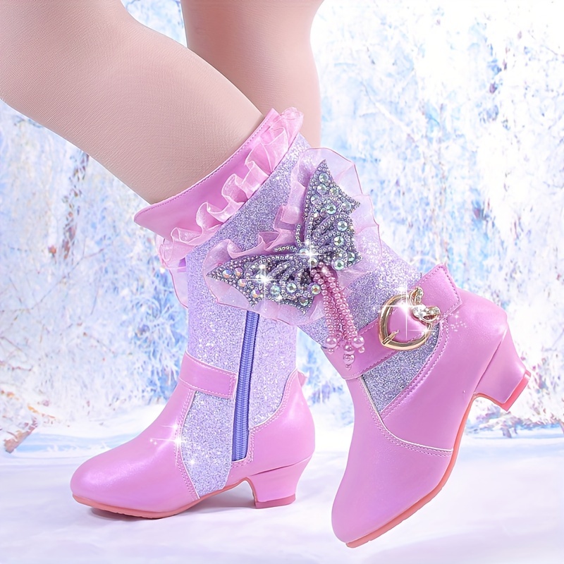 Trendy Schattige Strassvlinder Plus Fleecelaarzen Met Ritssluiting Voor Meisjes, Lichtgewicht Antisliplaarzen Voor Indoor Outdoor Reizen, Herfst En Winter