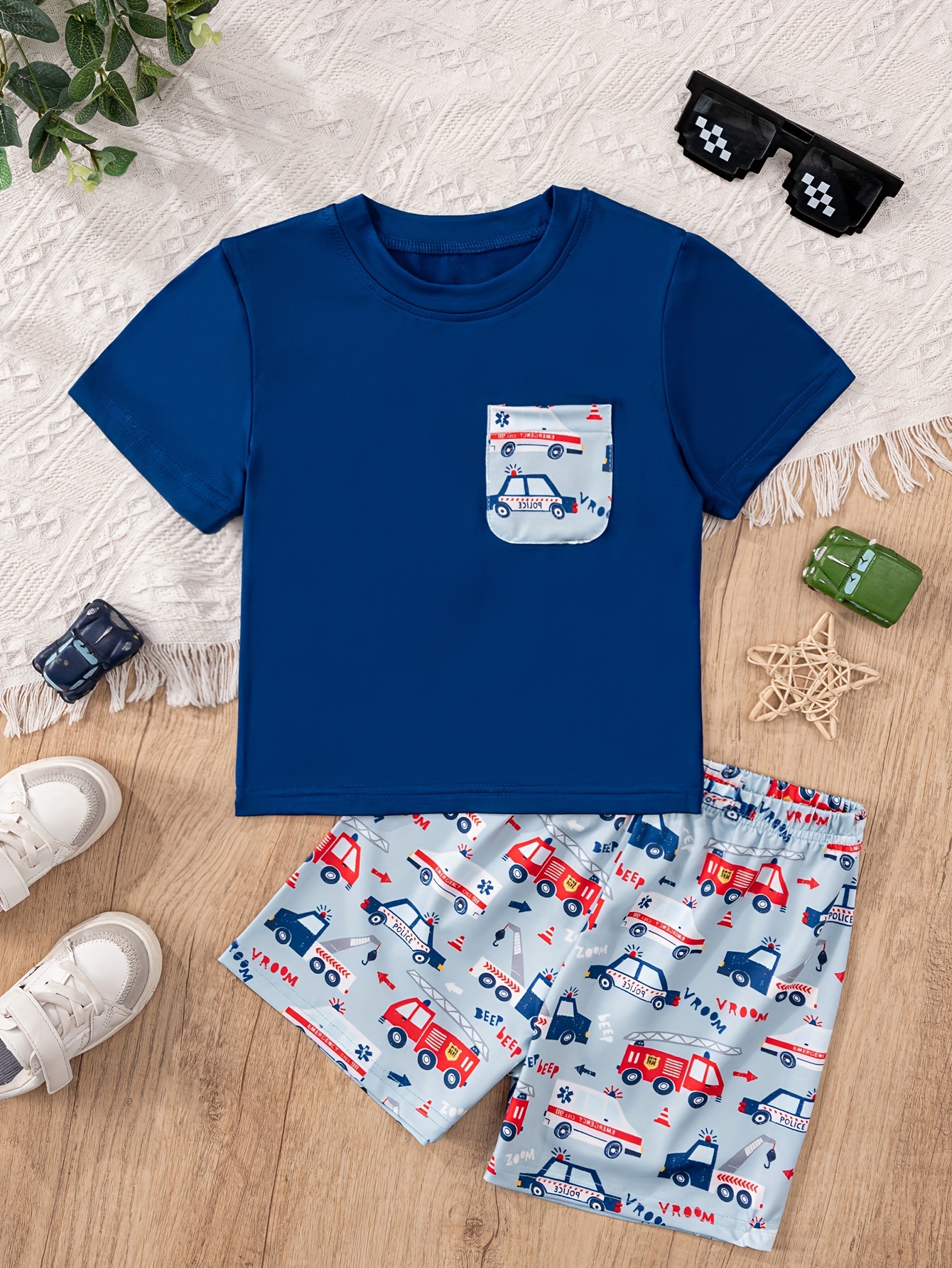 2pcs Baby Boy Cartoon Vehicle and Letter Print Short-sleeve T-shirt with Striped Shorts Set