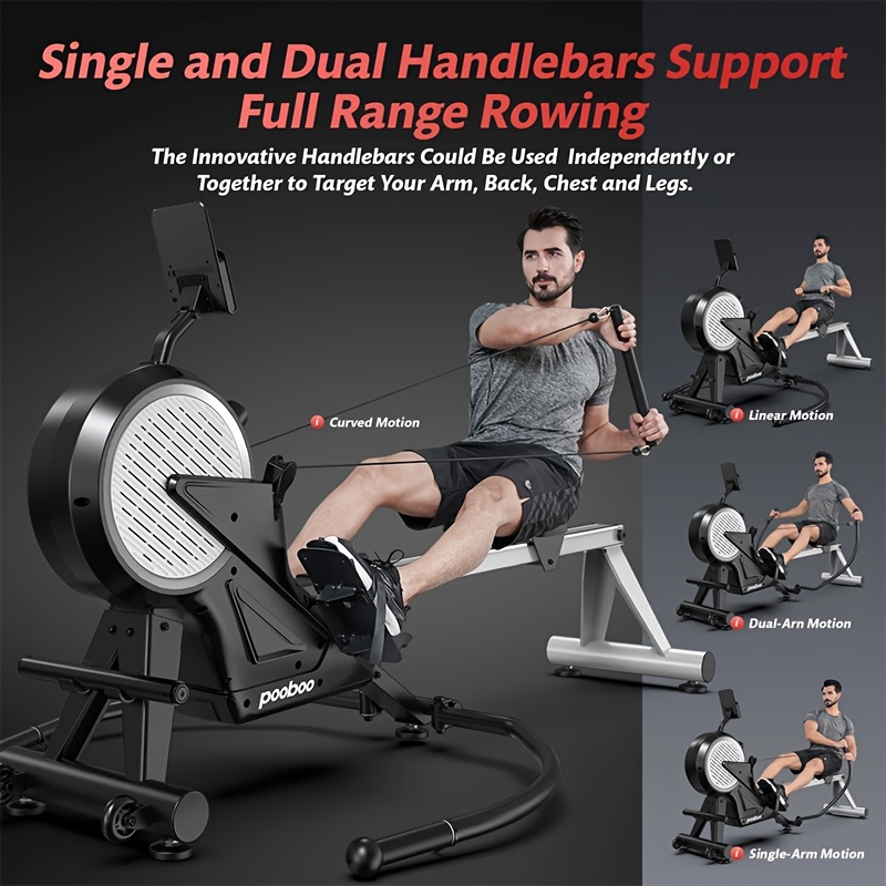 Magnetic rowing machine with single and dual handlebars, featuring a man using it, on a dark background.